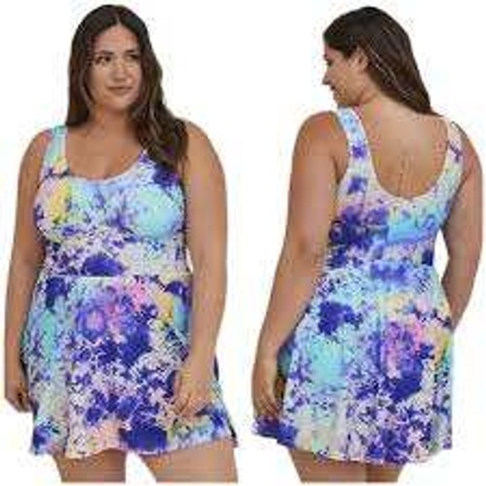 Torrid Skirted One Piece Swimsuit Women 4X Purple Blue Tie Dye Swim Dress